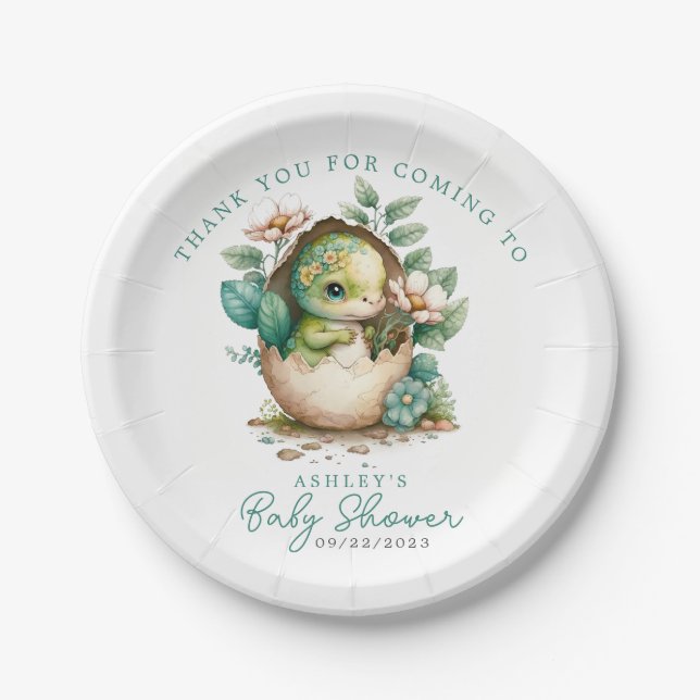 Assiettes En Carton Baby shower d'aquarelle d'oeuf Dinosaur Floral (Devant)