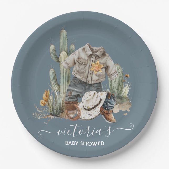 Assiettes En Carton Baby shower d'aquarelle Little Cowboy Western (Devant)