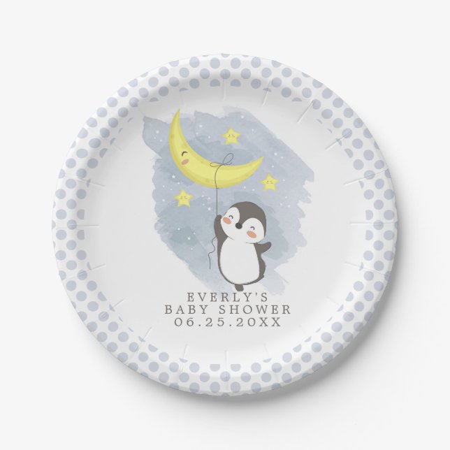 Assiettes En Carton Baby shower d'aquarelle Penguin Moon (Devant)
