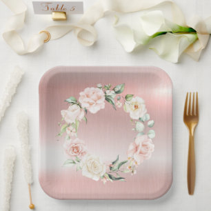Assiettes En Carton Baby shower d'aquarelle rose métallique flou
