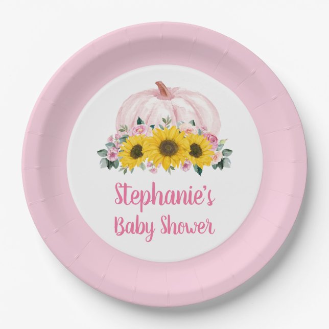 Assiettes En Carton Baby shower d'automne citrouille de tournesol rose (Devant)