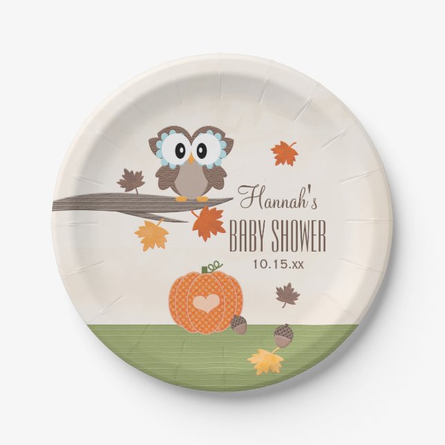 Assiettes En Carton Baby shower d'automne de hibou et de citrouille (Devant)