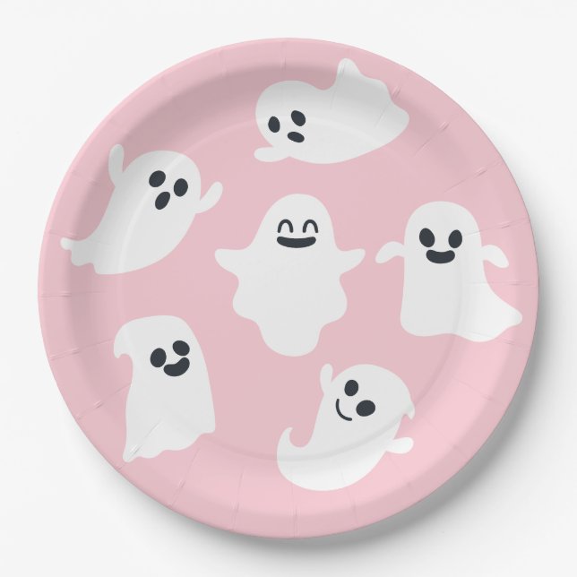 Assiettes En Carton Baby shower d'automne Pink Cute Ghost Halloween (Devant)