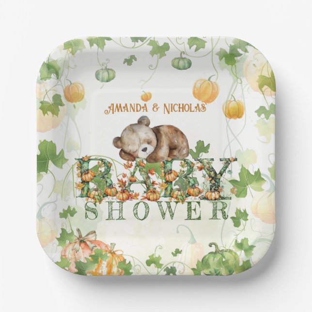 Assiettes En Carton Baby shower d'automne Whimsical Citrouille de l'ou (Recto)