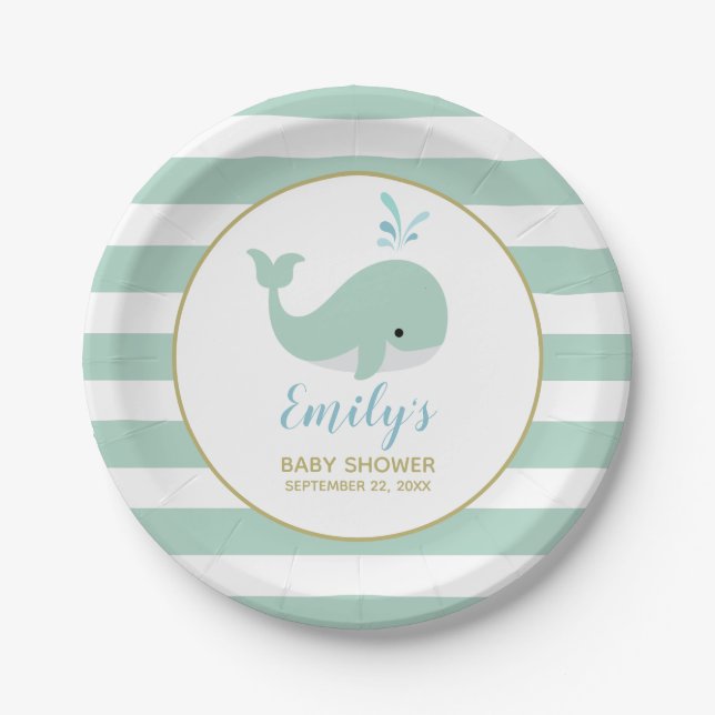 Assiettes En Carton Baby shower de baleine verte à la menthe (Devant)
