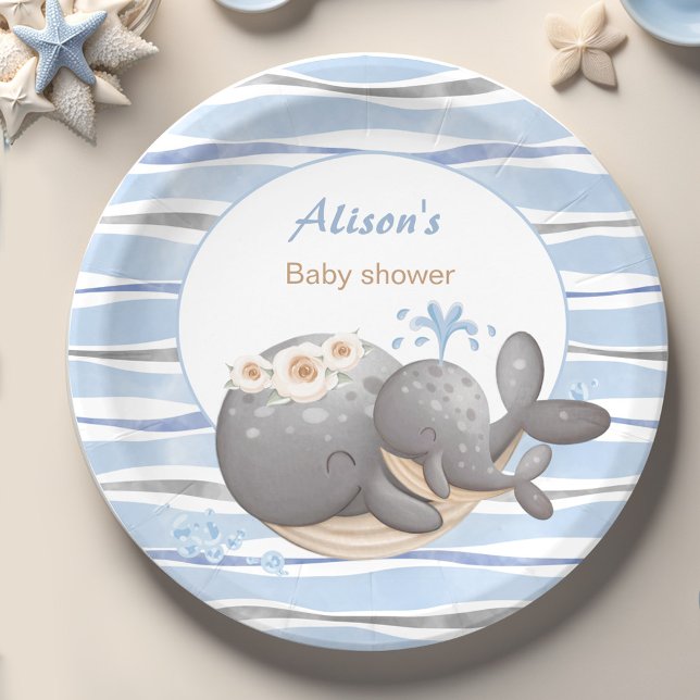 Assiettes En Carton Baby shower de baleines nautiques (Boy Nautical Whale Baby Shower Paper Plates)