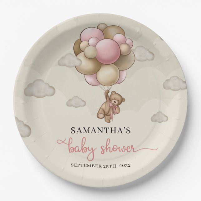 Assiettes En Carton Baby shower de ballons d'ivoire rose brun de l'our (Devant)