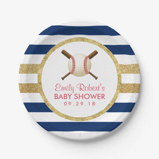 Assiettes En Carton Baby shower de baseball Boy Navy Blue & Gold Strip (Devant)