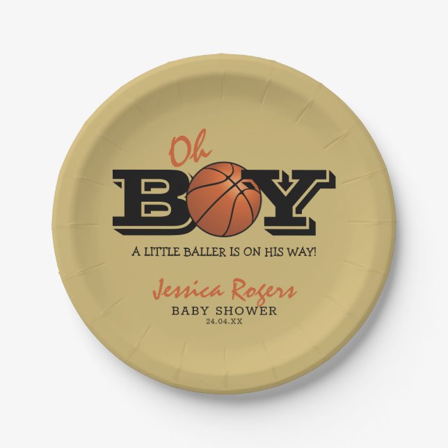 Assiettes En Carton Baby shower de basket-ball cool "Oh Boy" (Devant)