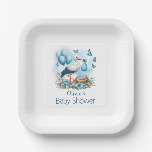 Assiettes En Carton Baby shower de bébé en cigogne bleue (Recto)