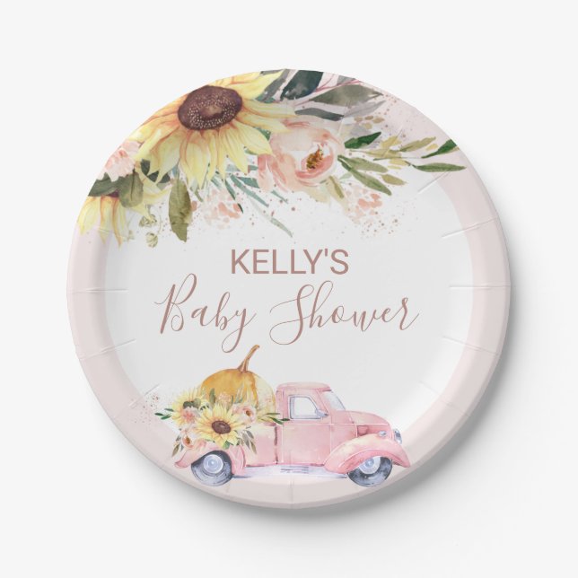 Assiettes En Carton Baby shower de camion Citrouille de tournesol (Devant)