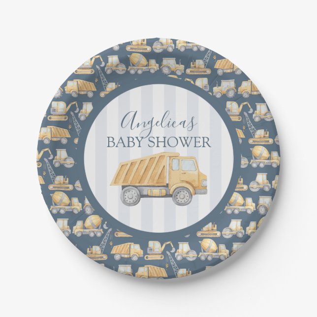 Assiettes En Carton Baby shower de camion de construction (Devant)