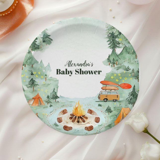 Assiettes En Carton Baby shower de camping aquarelle (Créateur téléchargé)