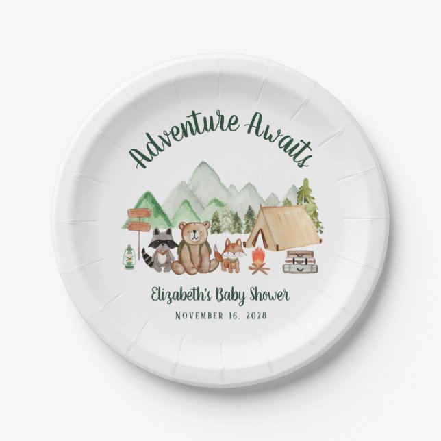 Assiettes En Carton Baby shower de camping pour animaux des bois (Devant)