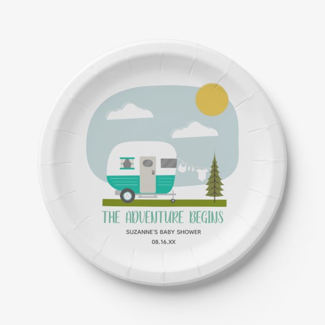 Assiettes En Carton Baby shower de camping rétro Turquoise Adventure (Devant)