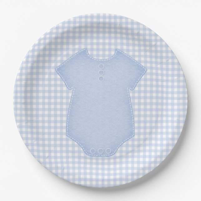 Assiettes En Carton Baby shower de carrosserie En vichy bébé bleu (Devant)
