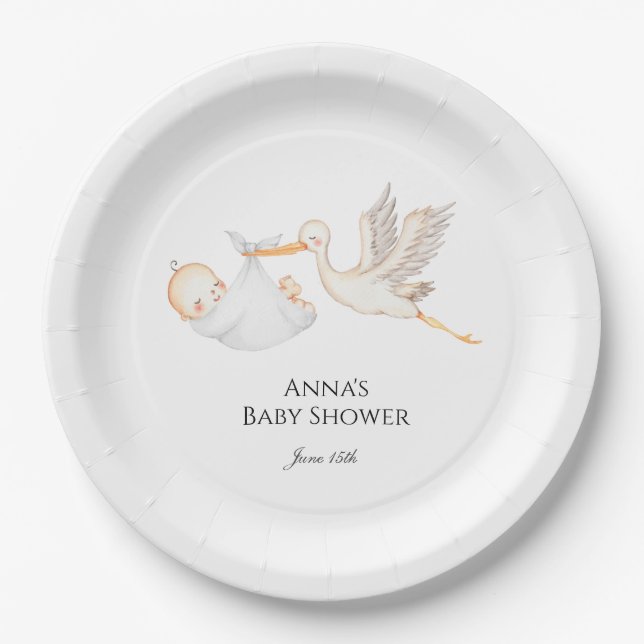 Assiettes En Carton Baby shower de cigogne Neutre (Devant)