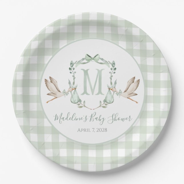 Assiettes En Carton Baby shower de cigogne verte du sud de Preppy (Devant)