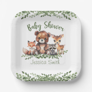 Assiettes En Carton Baby shower DE COULEUR D'EAU DES ANIMAUX DE LA BOI
