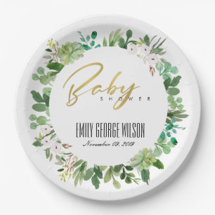 ASSIETTES EN CARTON BABY SHOWER DE COULEUR D'EAU SUCCULENTE DES ÉCHAPP