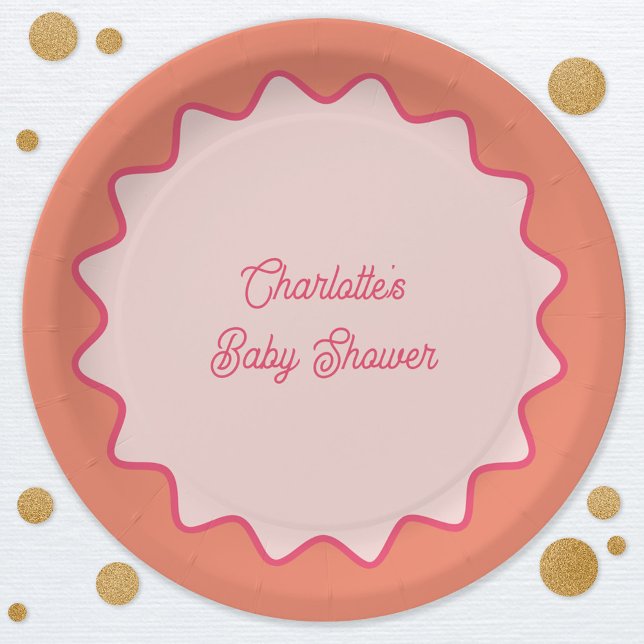 Assiettes En Carton Baby shower de courbe rose orange foncé rétro (Retro modern pink orange peach wavy curve border custom text baby shower paper plates)