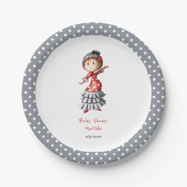 Assiettes En Carton Baby shower de danseuse flamenco Sevillana enceint (Devant)