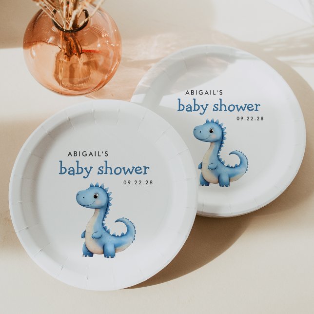 Assiettes En Carton Baby shower de dinosaure bleu mignon (Créateur téléchargé)