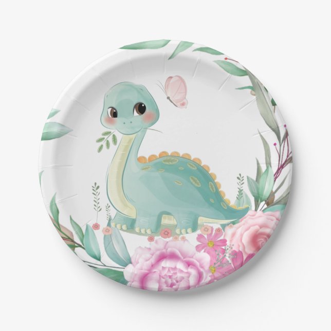 Assiettes En Carton Baby shower de dinosaures mignonnes et de pivoines (Devant)
