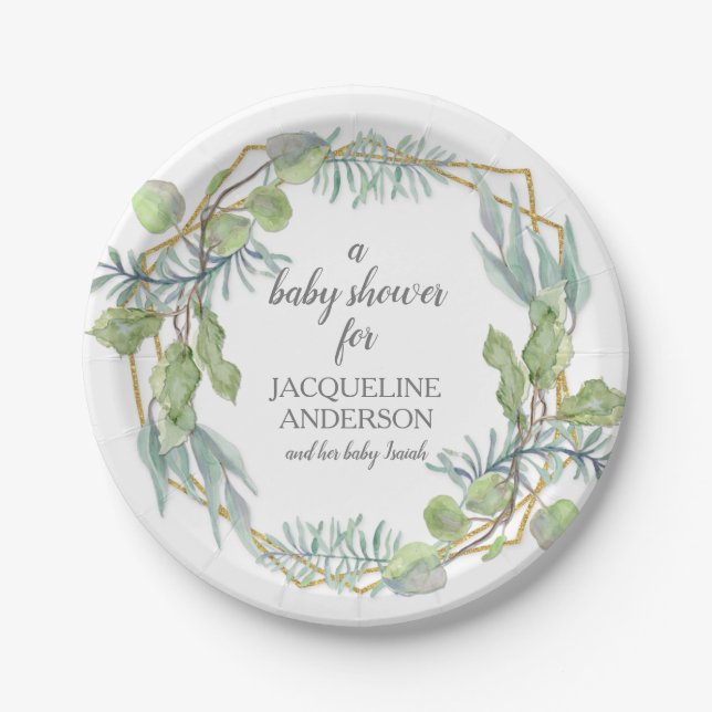 Assiettes En Carton Baby shower de feuillage Eucalyptus à aquarelle mo (Devant)
