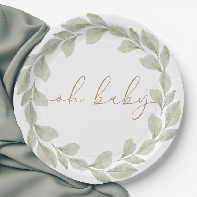 Assiettes En Carton Baby shower de feuille d'eucalyptus neutre pour le (Créateur téléchargé)