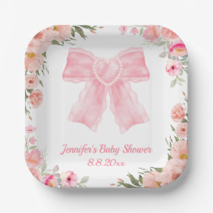 Assiettes En Carton baby shower de fille à arc rose floral élégant
