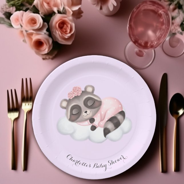 Assiettes En Carton Baby shower de fille animale au raton laveur doux (Girl Baby Shower Paper Plates!)
