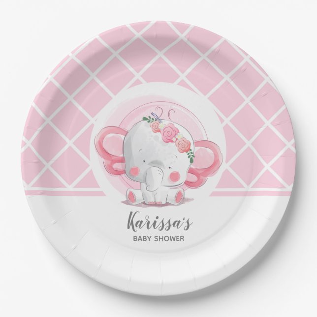 Assiettes En Carton Baby shower de fille d'éléphant rose (Devant)