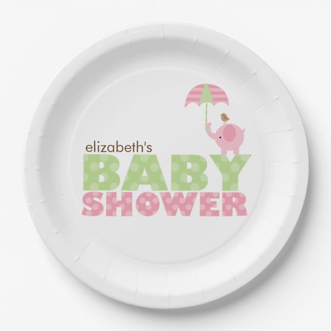 Assiettes En Carton Baby shower de fille d'éléphant rose (Devant)