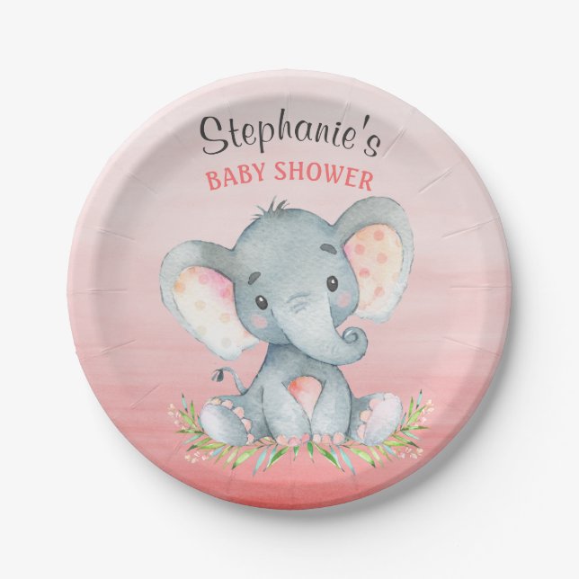 Assiettes En Carton Baby shower de fille Eléphant Aquarelle (Devant)