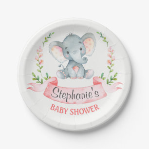 Assiettes En Carton Baby shower de fille Eléphant Aquarelle