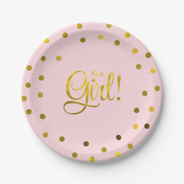 Assiettes En Carton Baby shower de fille Pink et Faux Gold Foil (Devant)