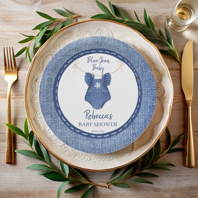 Assiettes En Carton Baby shower de filles en jean bleu personnalisé (Blue jean baby girls denim preppy baby shower monogrammed paper plates personalized table decor)