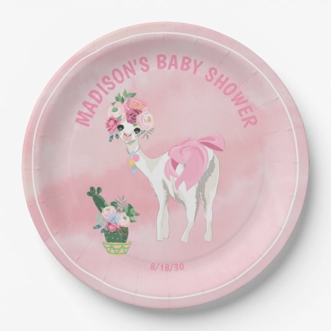 Assiettes En Carton Baby shower de filles Llama Alpaca rose (Devant)