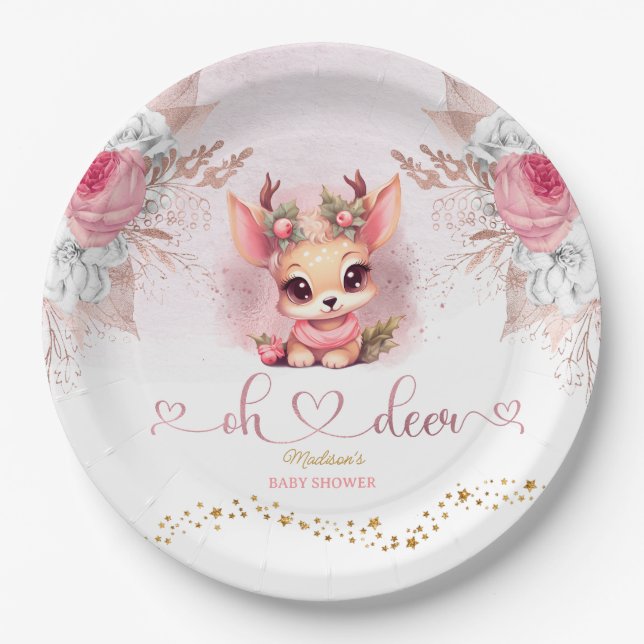 Assiettes En Carton Baby shower de filles Woodland d'hiver (Devant)