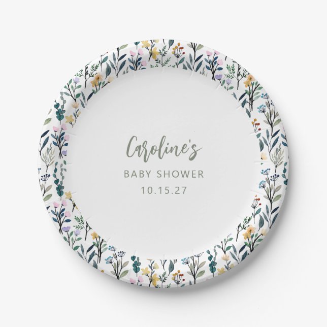 Assiettes En Carton Baby shower de Fleur sauvage d'aquarelle Boho Cute (Devant)