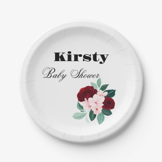 Assiettes En Carton Baby shower de fleurs d'aquarelle rouge (Devant)