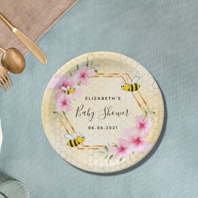 Assiettes En Carton Baby shower de fleurs roses de nid d'abeille (Créateur téléchargé)
