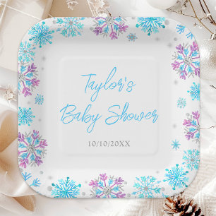 Assiettes En Carton Baby shower de flocons de neige violet et bleu