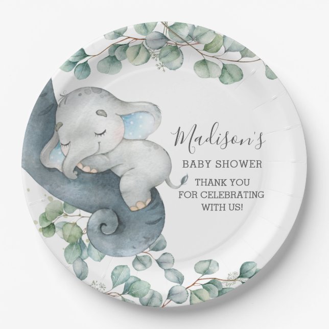 Assiettes En Carton Baby shower de garçon Eléphant de verdure Annivers (Devant)