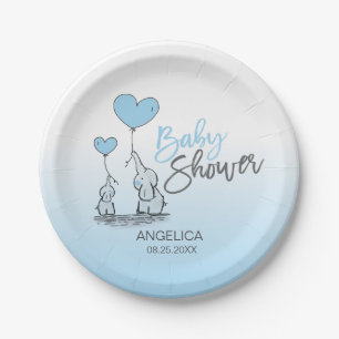 Assiettes En Carton Baby shower de garçon moderne Blue Grey Blue Eleph