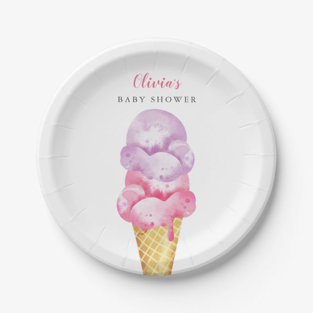 Assiettes En Carton Baby shower de glace rose et violet (Devant)