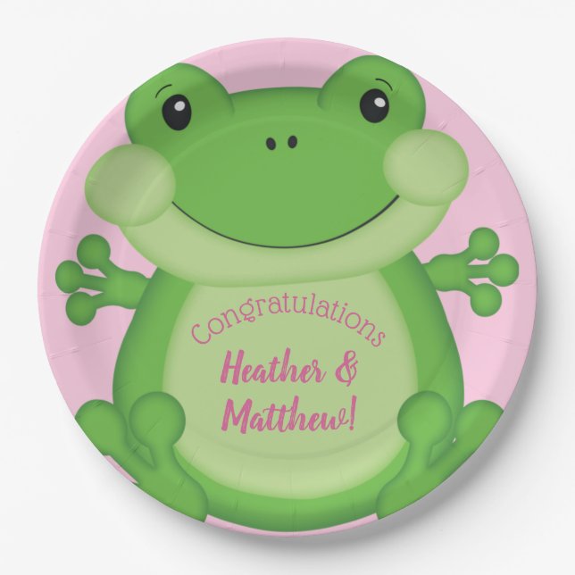 Assiettes En Carton Baby shower de grenouille rose (Devant)