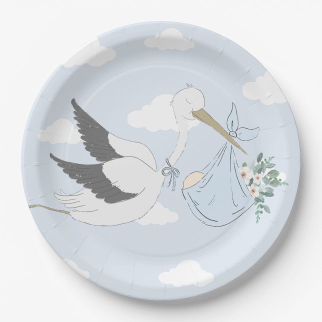 Assiettes En Carton Baby shower de la cigogne bleue (Devant)