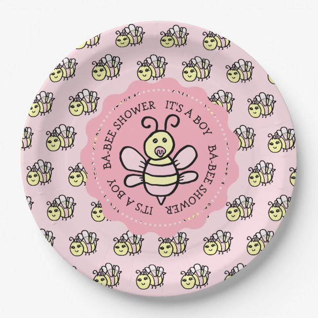 Assiettes En Carton Baby shower de la fille d'abeilles au miel rose (Devant)